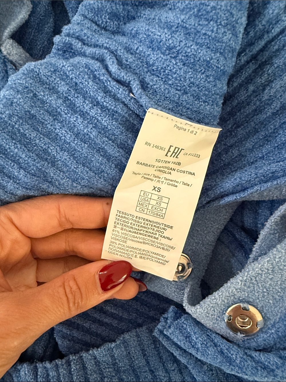 Pinko Blue Ribbed Collared V-Neck Button Cardigan - Picture 10 of 10